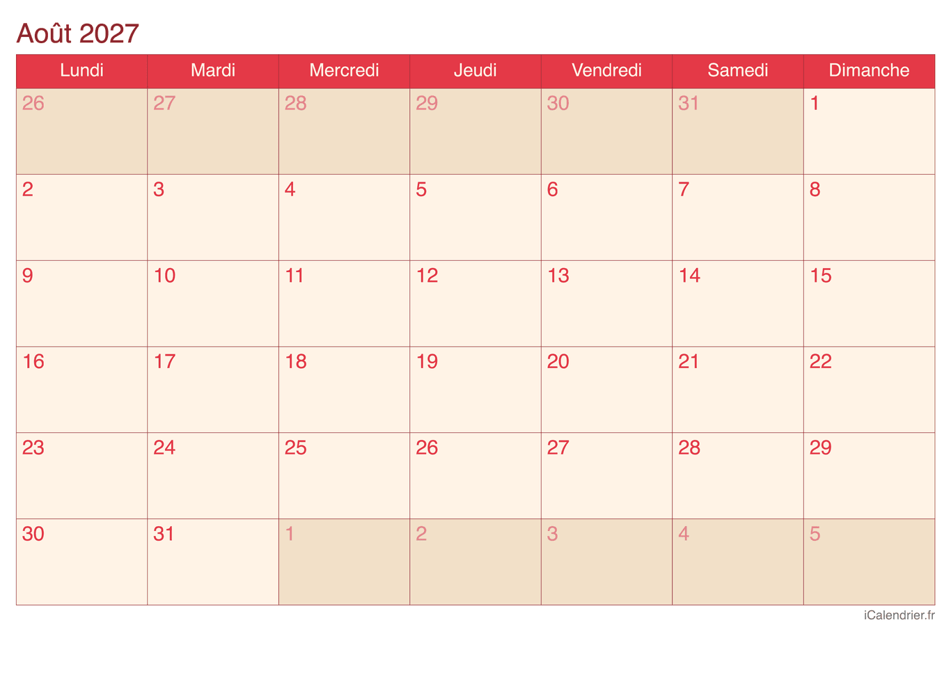 Calendrier d'août 2027 - Cherry