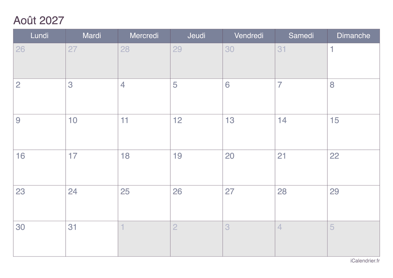 Calendrier d'août 2027 - Office