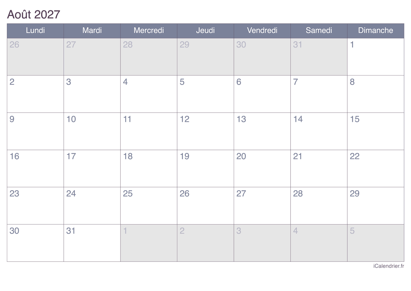 Calendrier d'août 2027 - Office