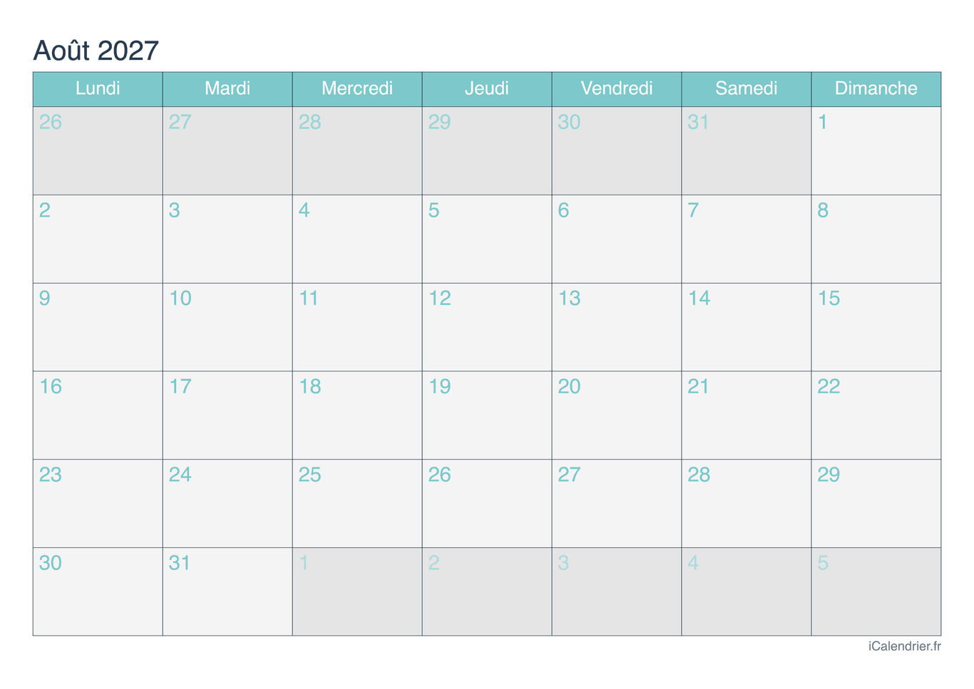 Calendrier d'août 2027 - Turquoise