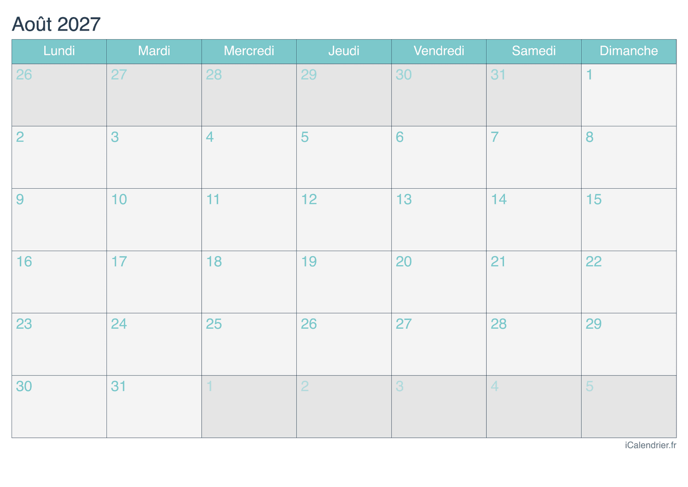 Calendrier d'août 2027 - Turquoise