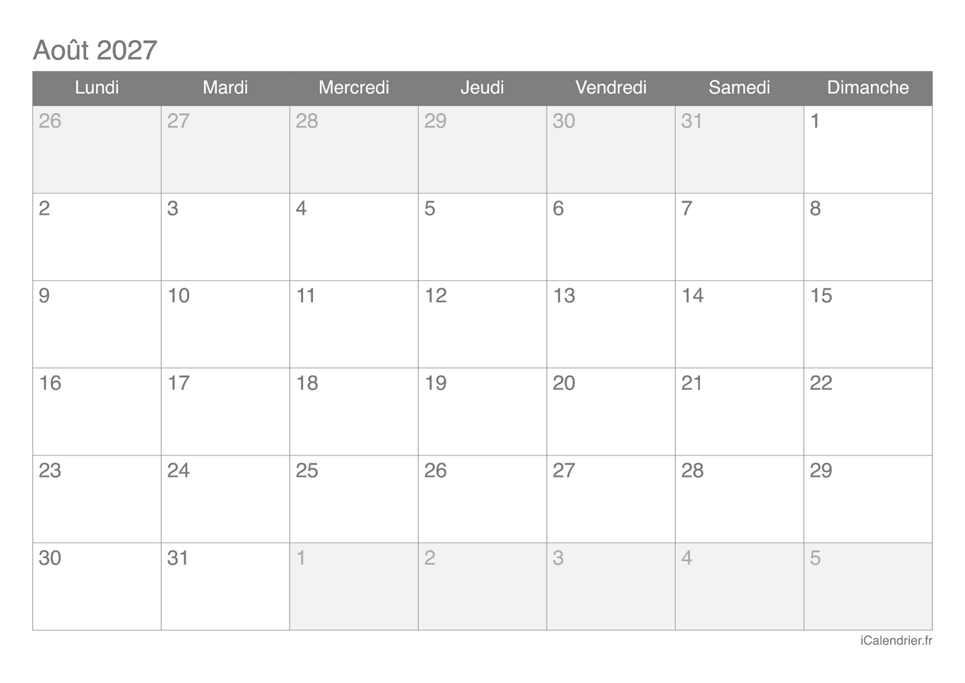 Calendrier d'août 2027