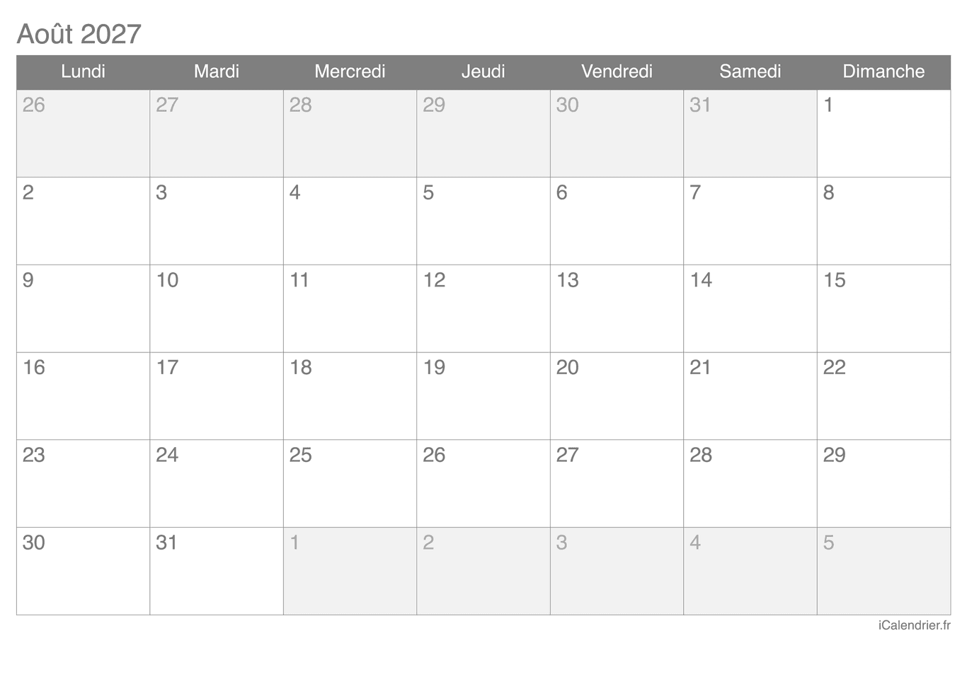 Calendrier d'août 2027