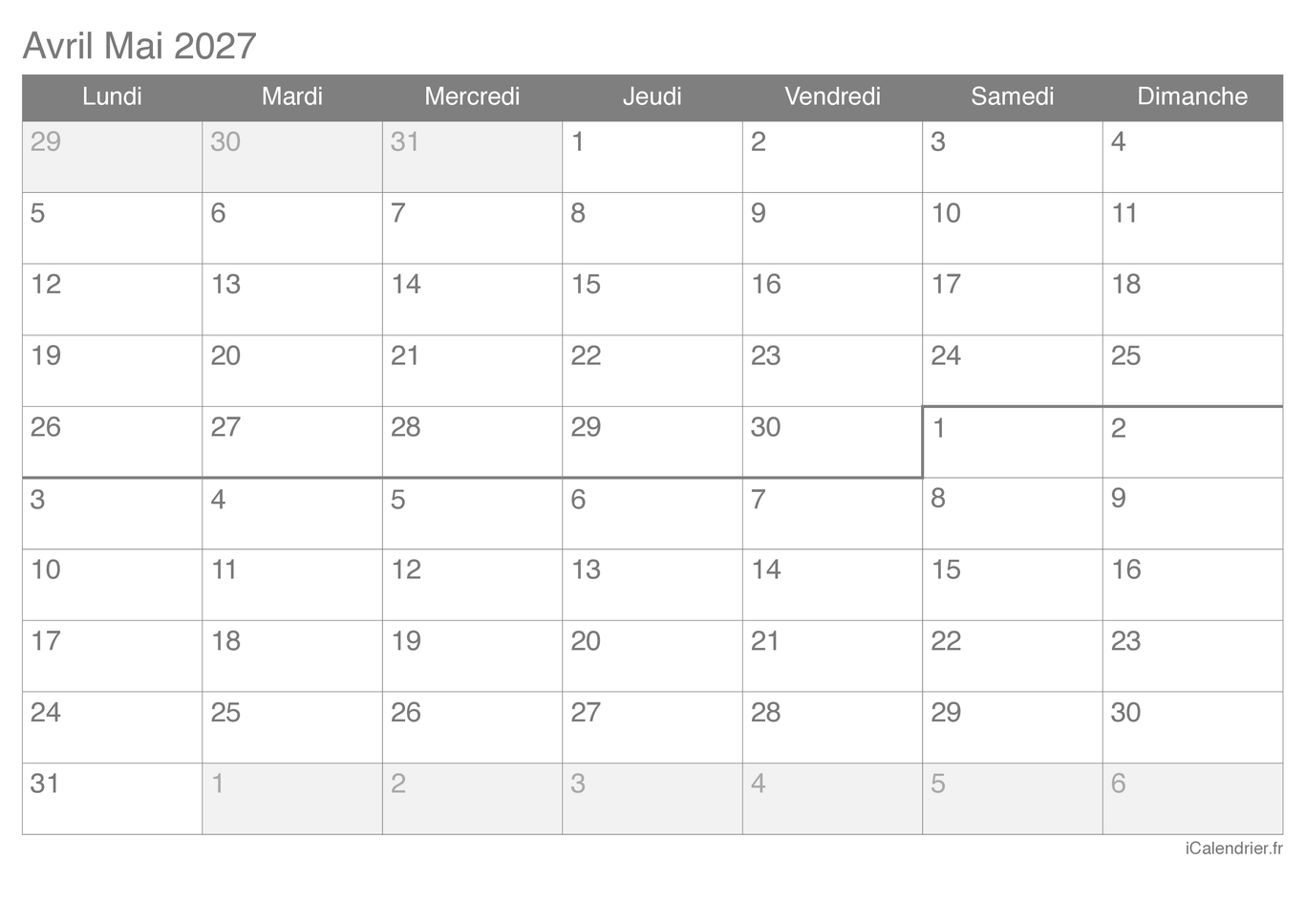 Calendrier d'avril mai 2027