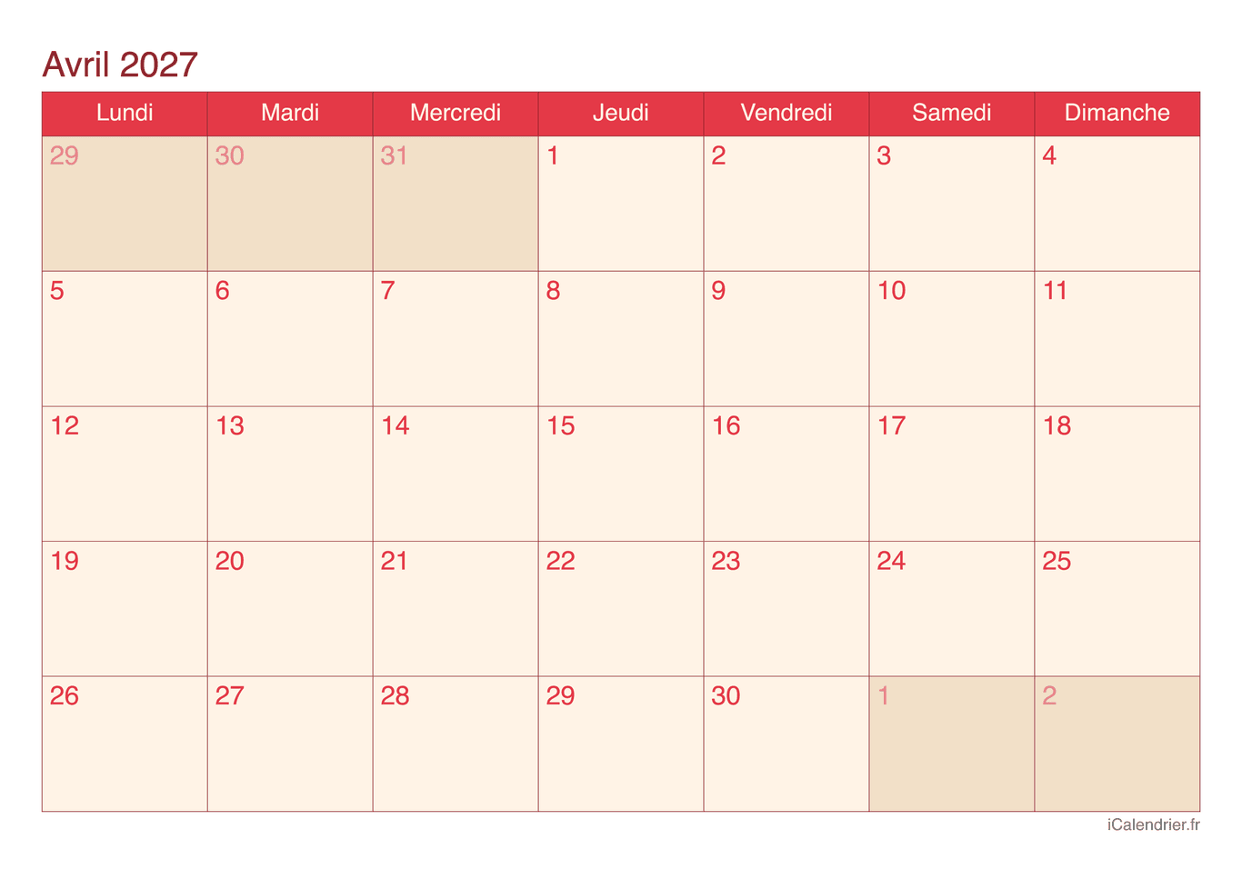 Calendrier d'avril 2027 - Cherry