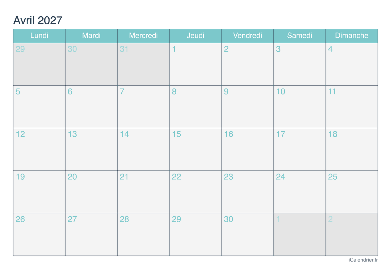 Calendrier d'avril 2027 - Turquoise
