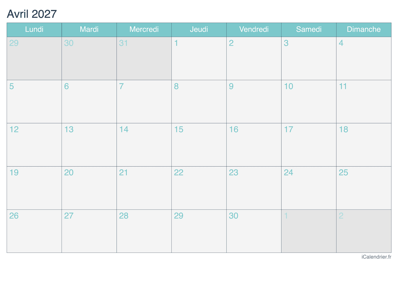 Calendrier d'avril 2027 - Turquoise