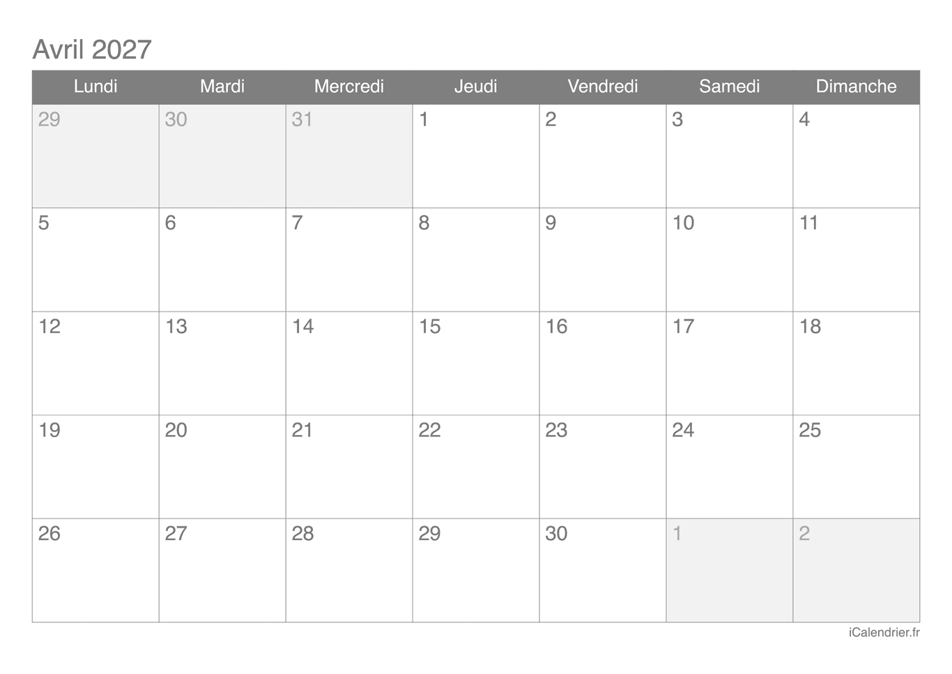 Calendrier d'avril 2027