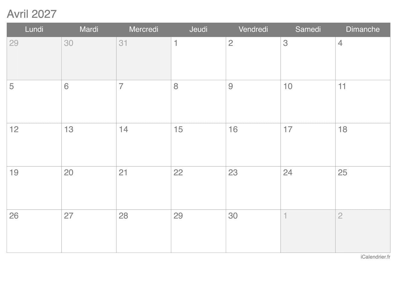 Calendrier d'avril 2027
