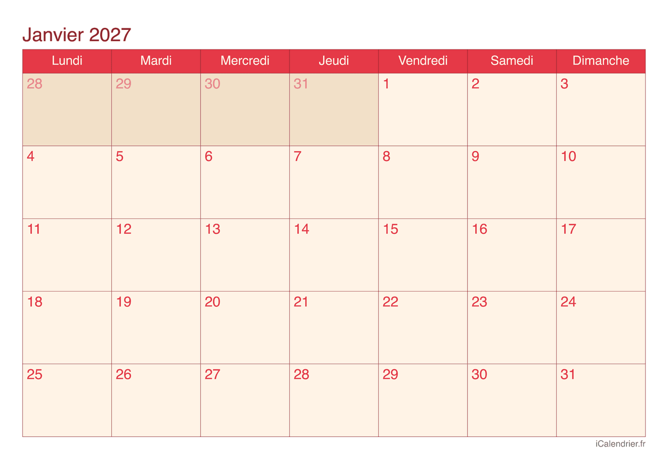 Calendrier par mois 2027 - Cherry