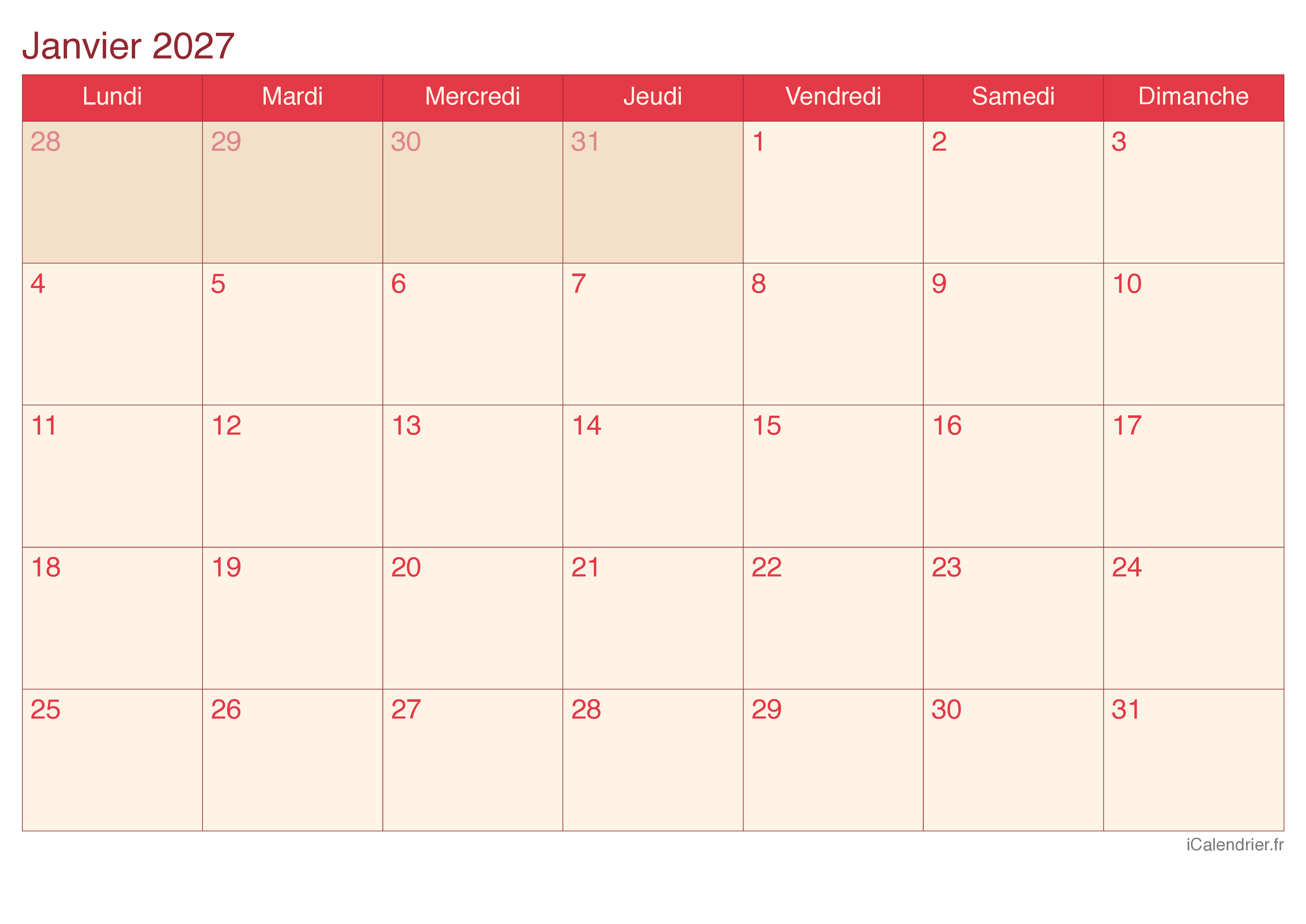 Calendrier par mois 2027 - Cherry