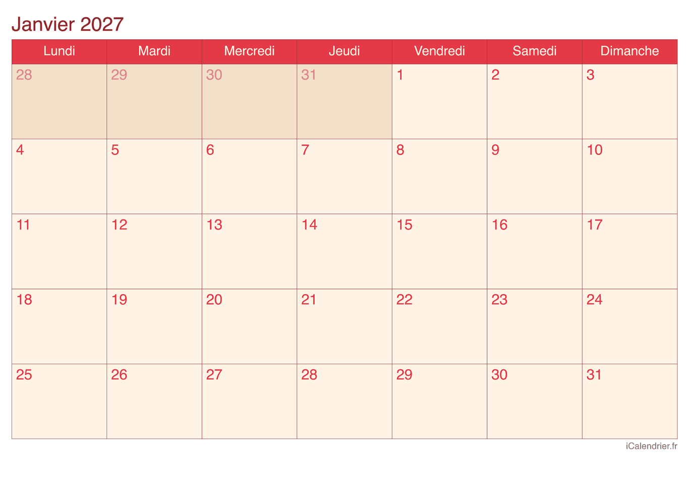 Calendrier par mois 2027 - Cherry