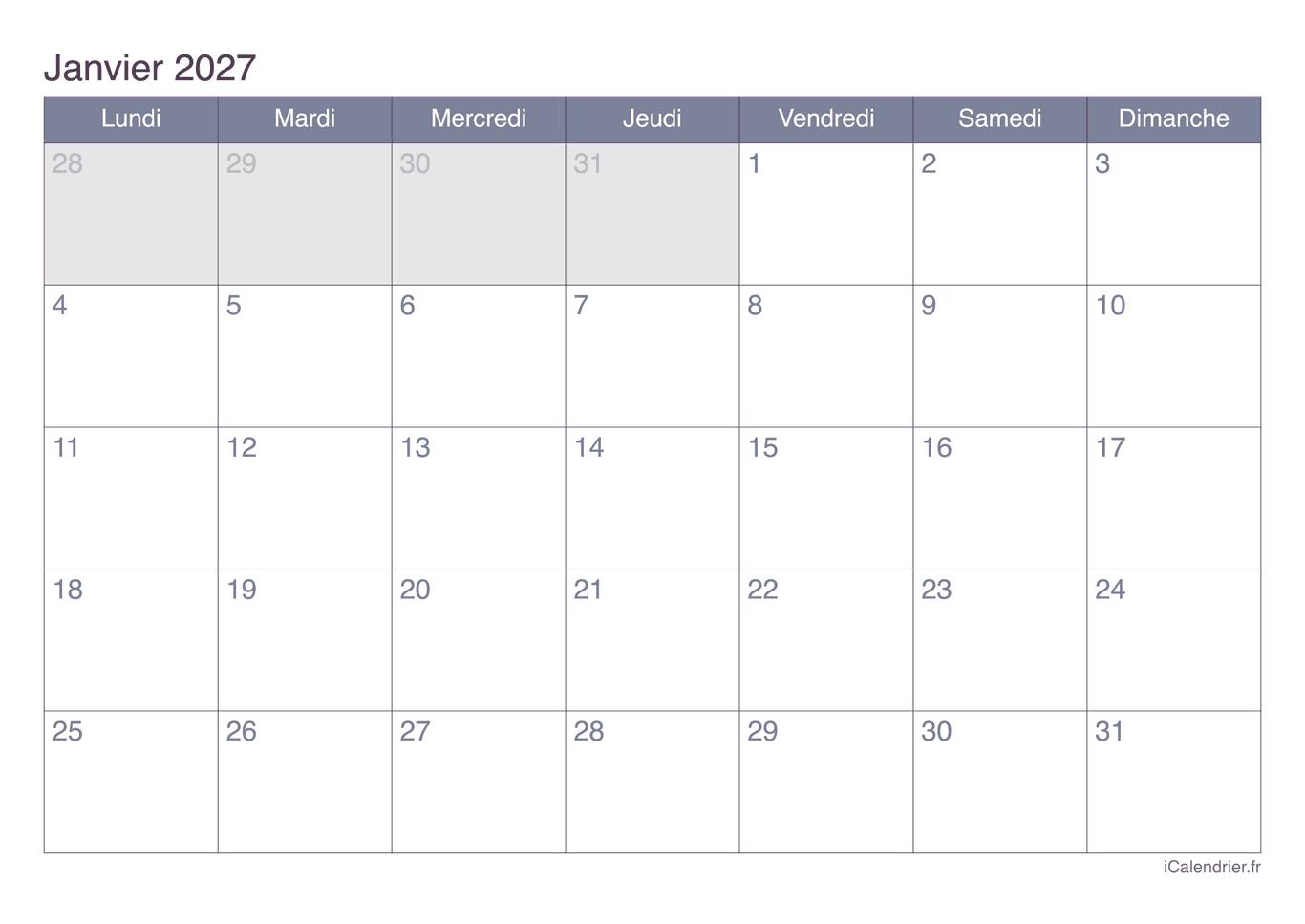 Calendrier par mois 2027 - Office