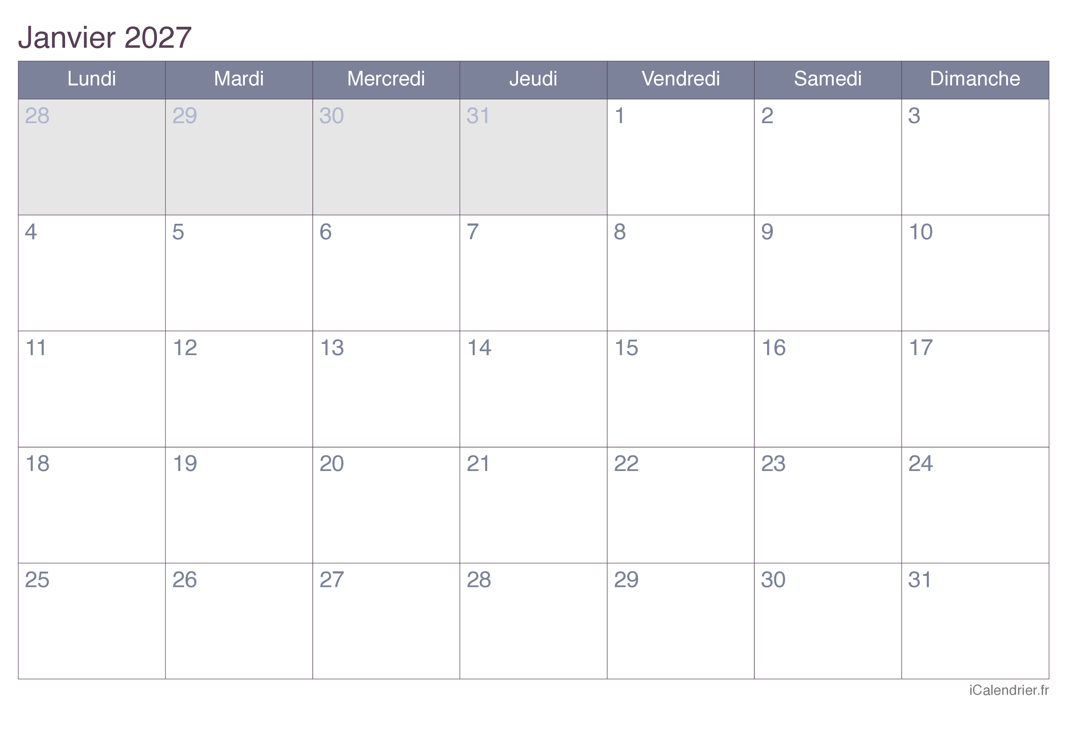 Calendrier par mois 2027 - Office