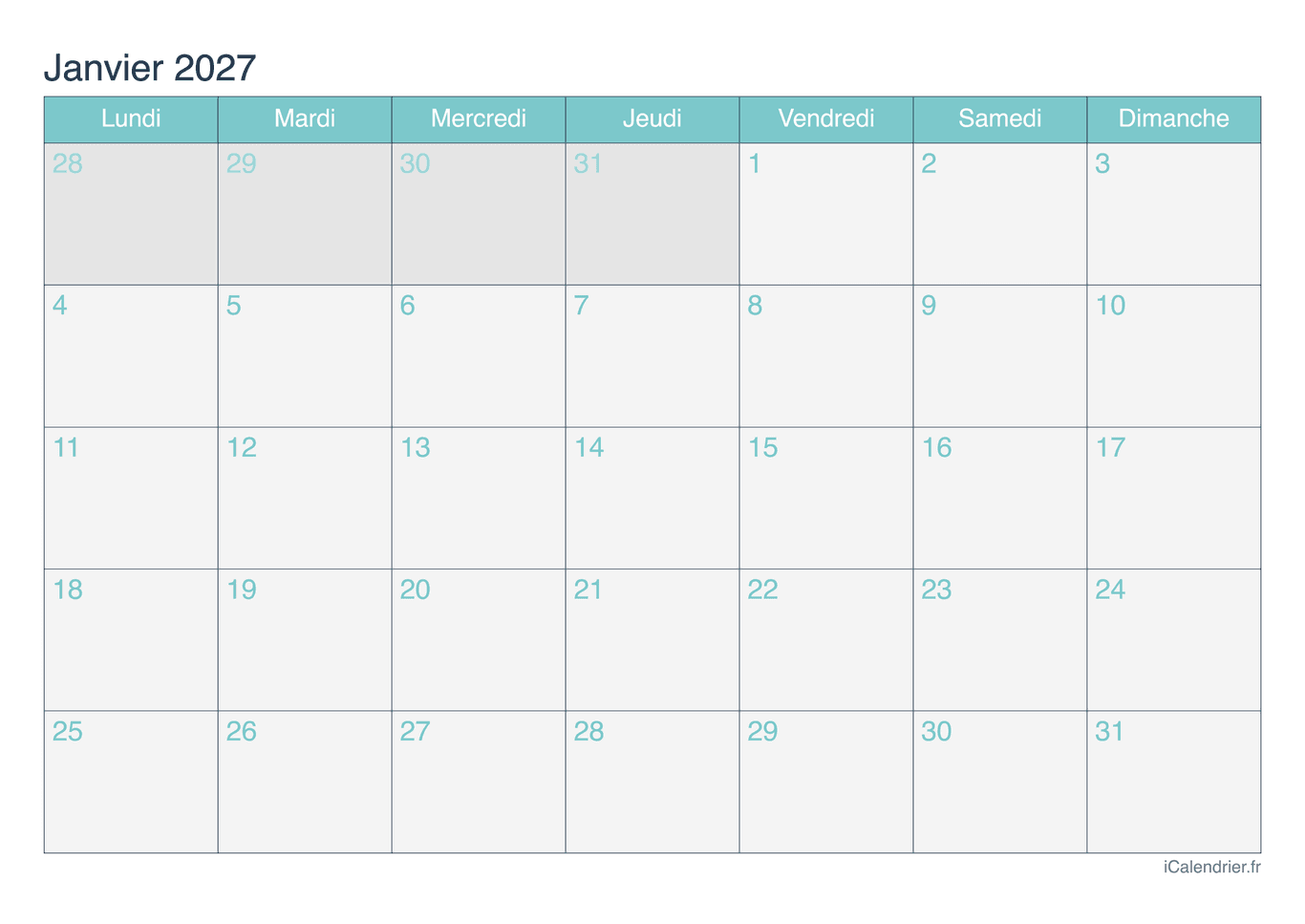 Calendrier par mois 2027 - Turquoise