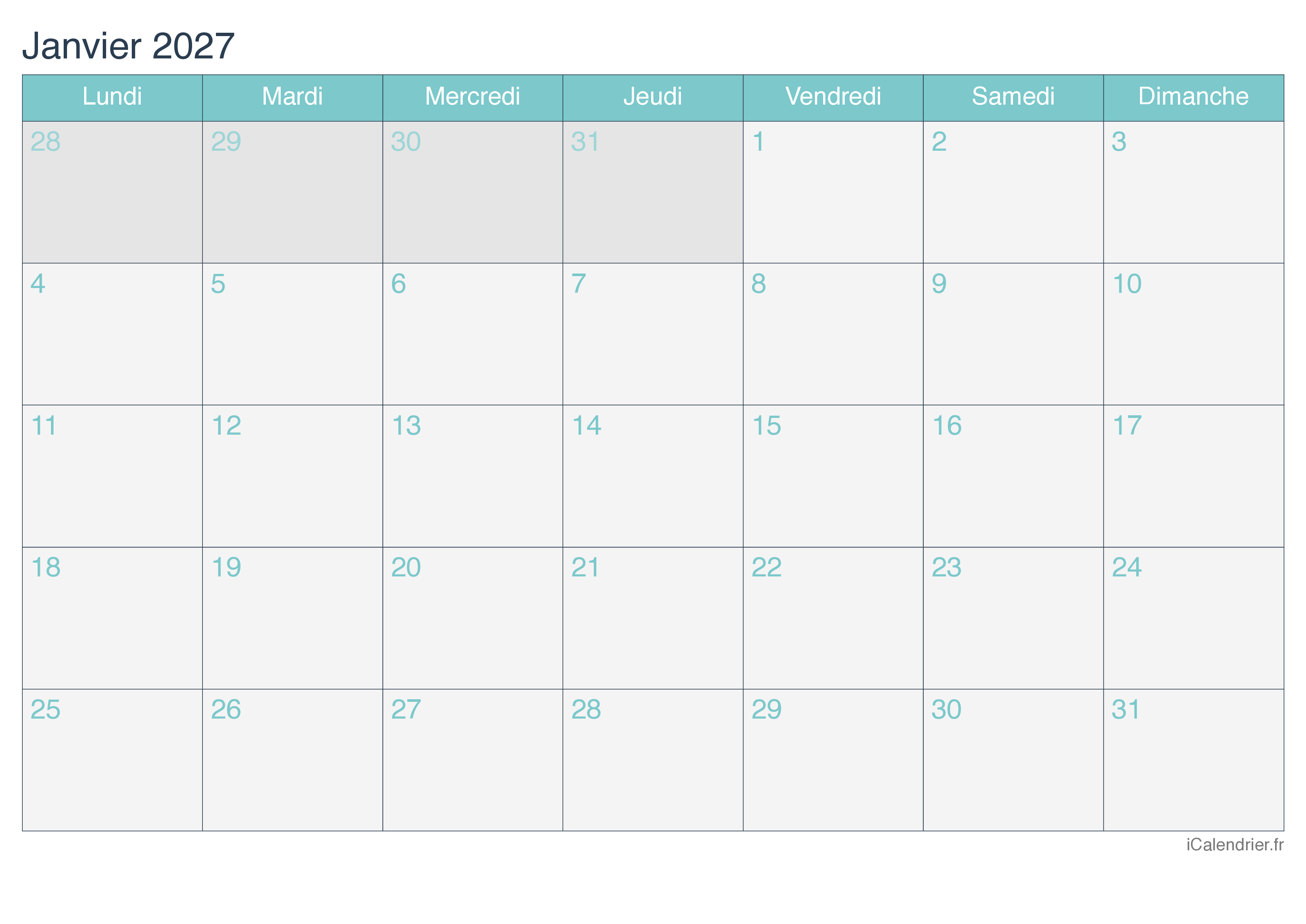 Calendrier par mois 2027 - Turquoise