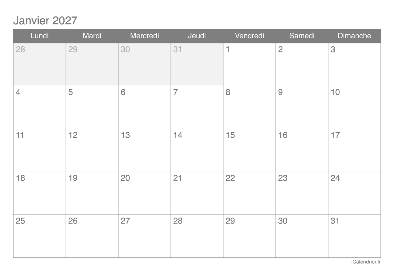Calendrier par mois 2027