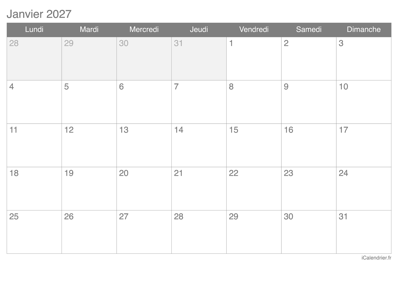 Calendrier par mois 2027