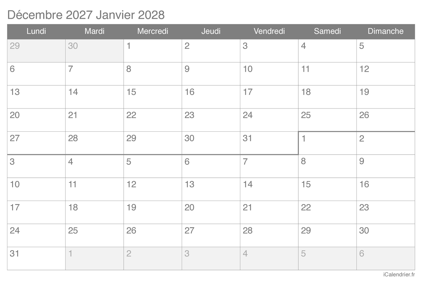 Calendrier de décembre janvier 2027