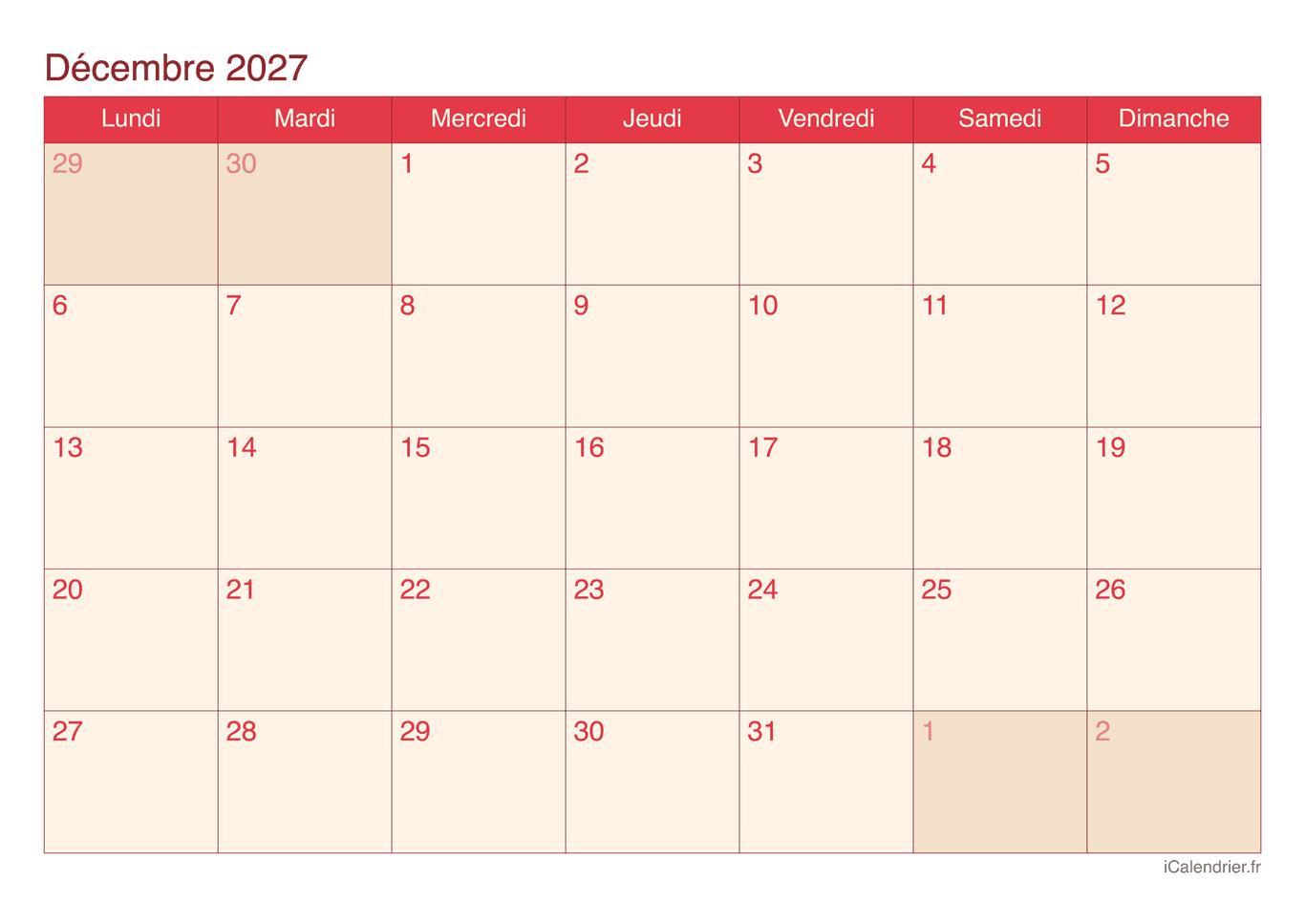 Calendrier de décembre 2027 - Cherry