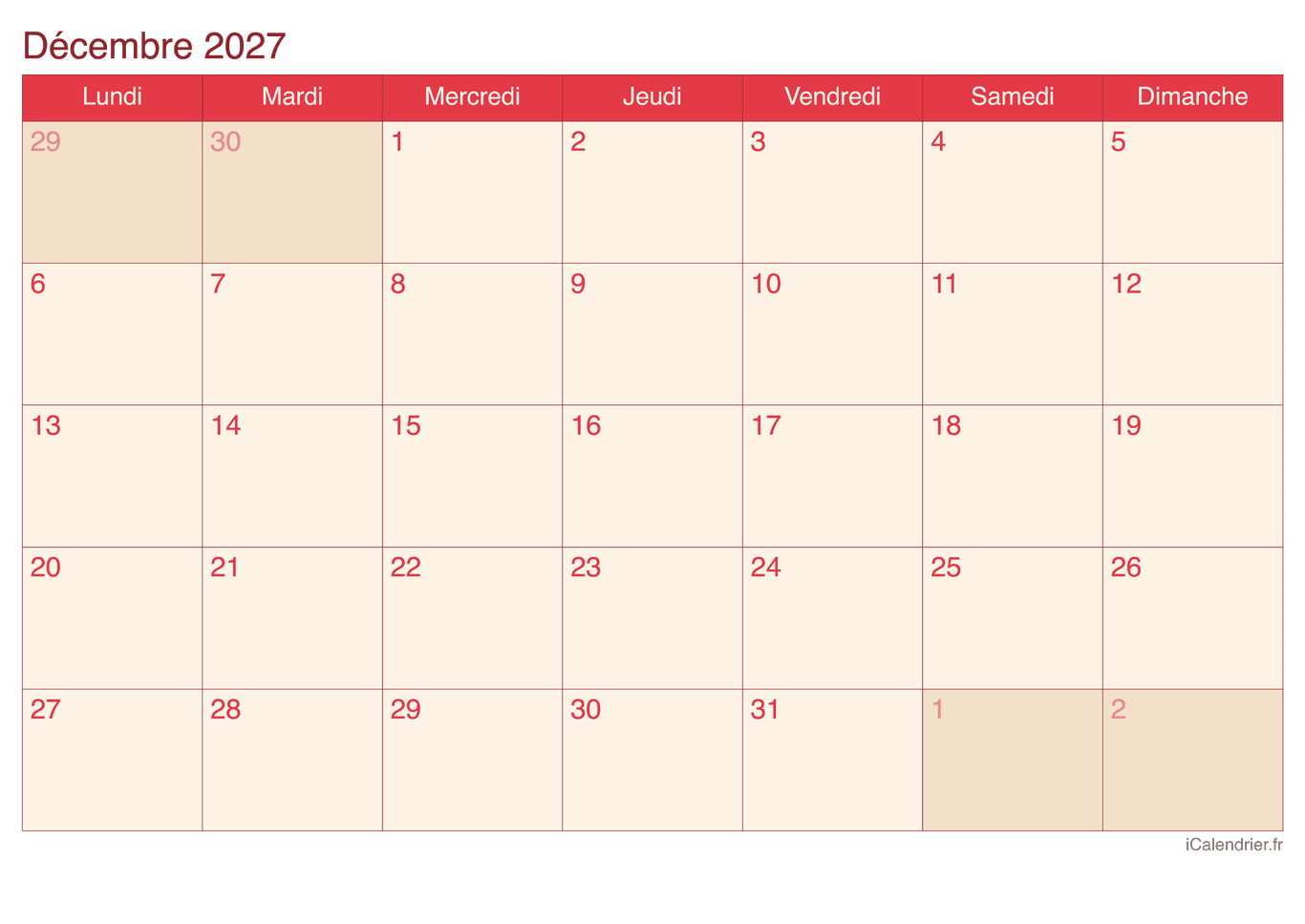 Calendrier de décembre 2027 - Cherry