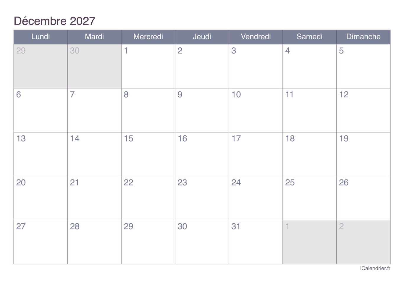 Calendrier de décembre 2027 - Office