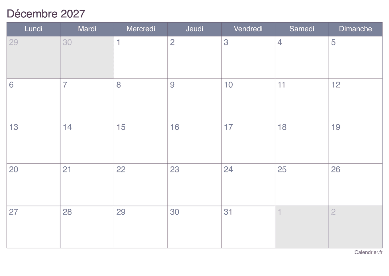 Calendrier de décembre 2027 - Office