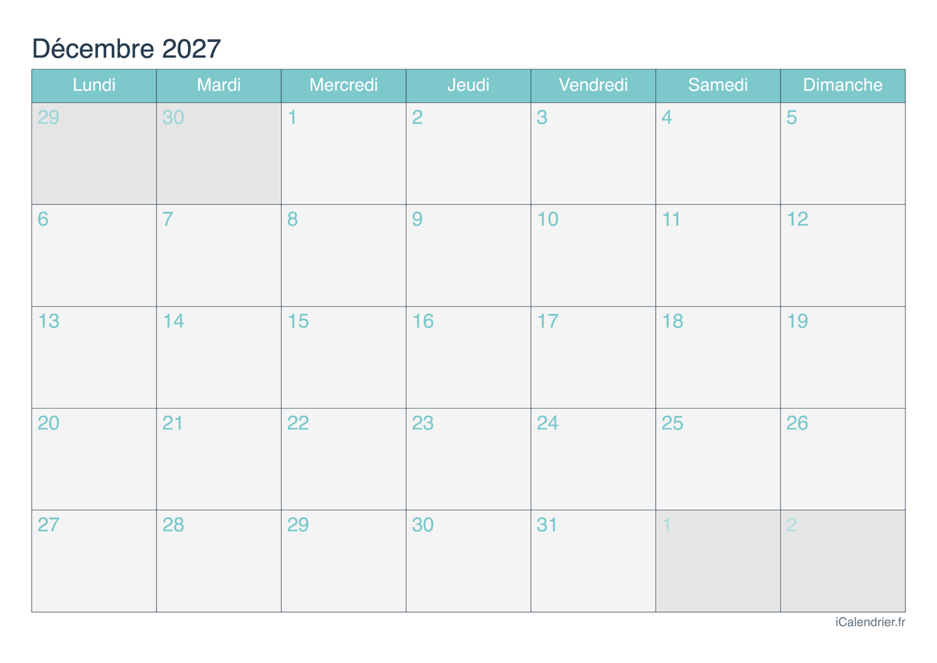 Calendrier de décembre 2027 - Turquoise