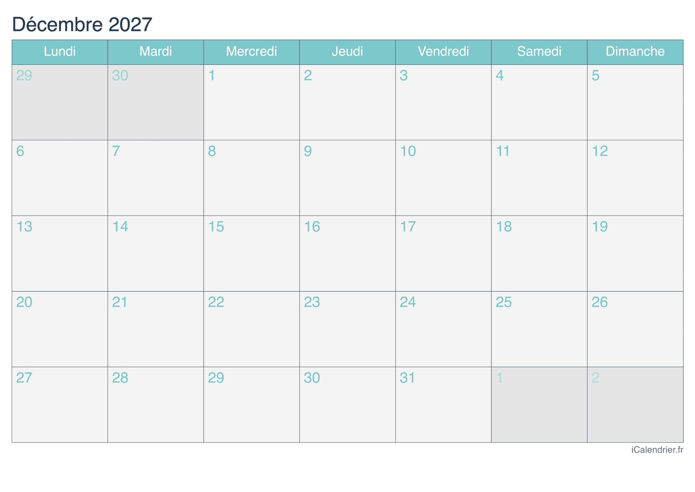 Calendrier de décembre 2027 - Turquoise