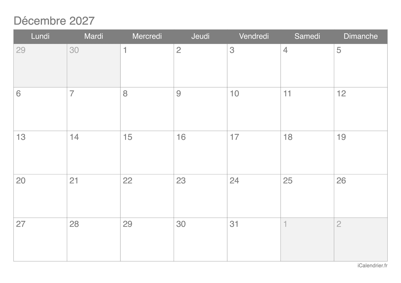 Calendrier de décembre 2027