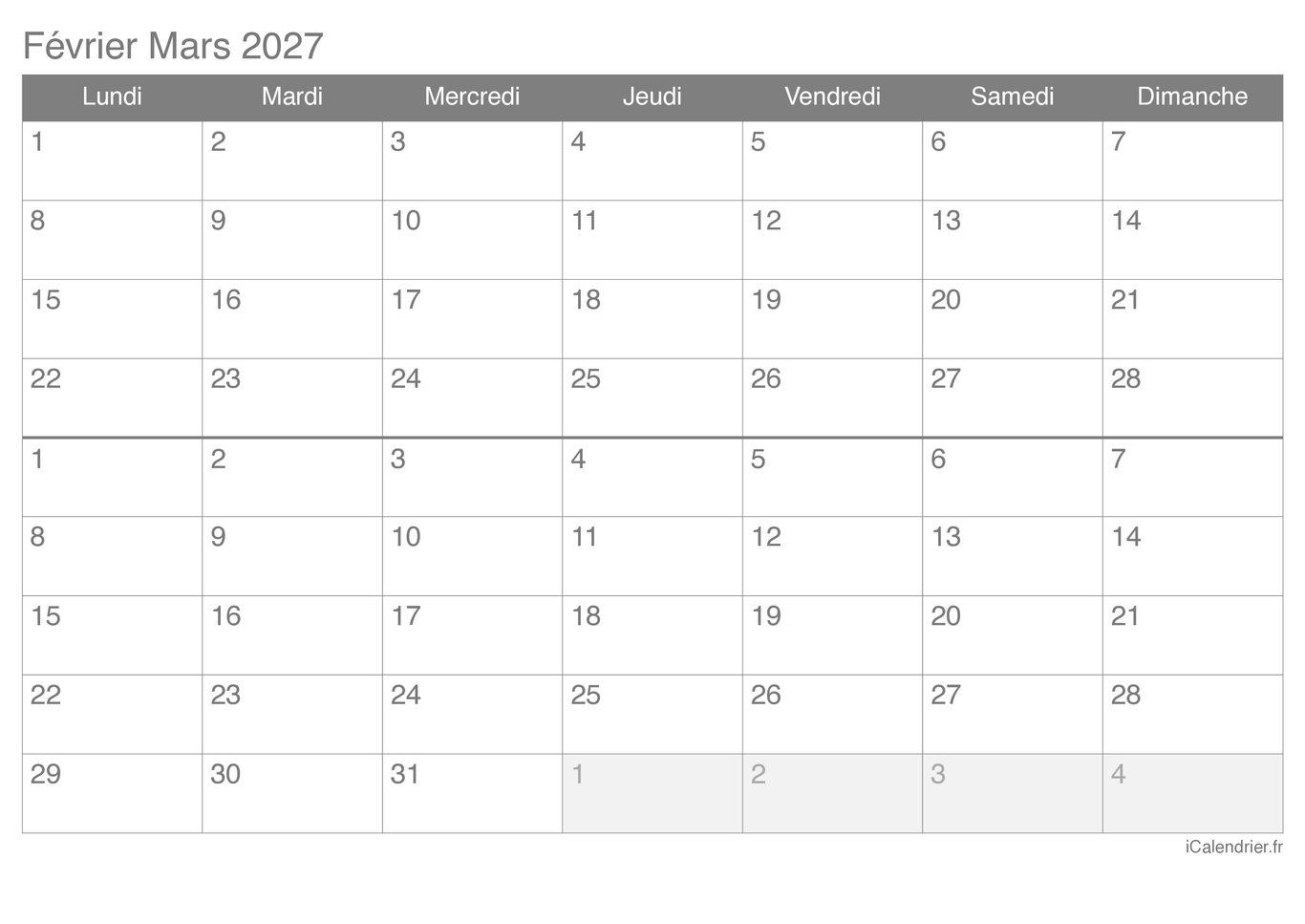 Calendrier de février mars 2027