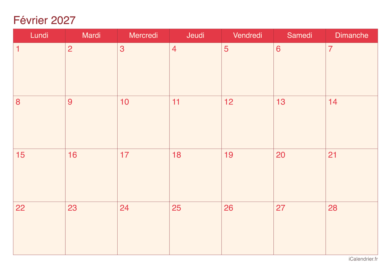 Calendrier de février 2027 - Cherry