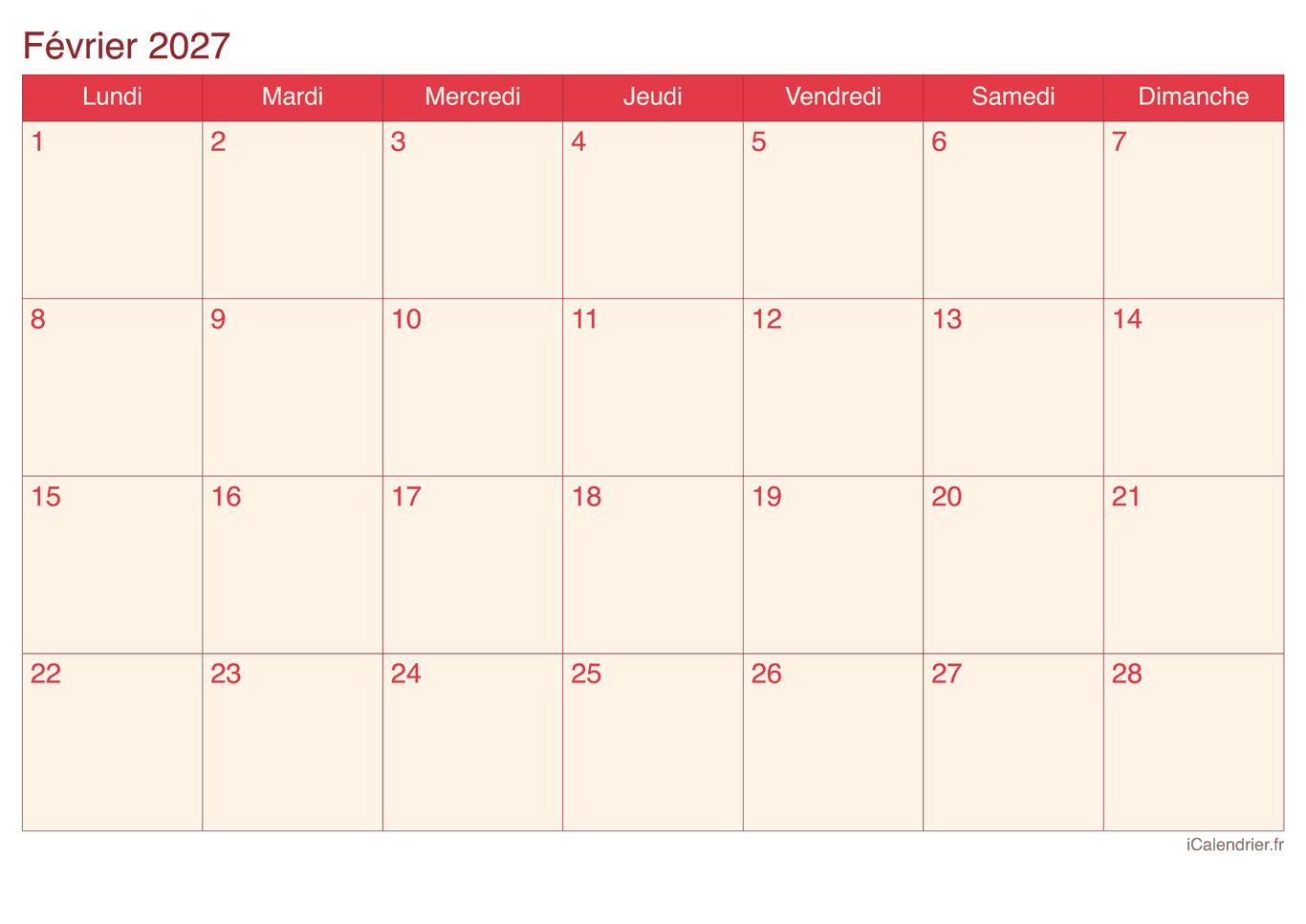 Calendrier de février 2027 - Cherry