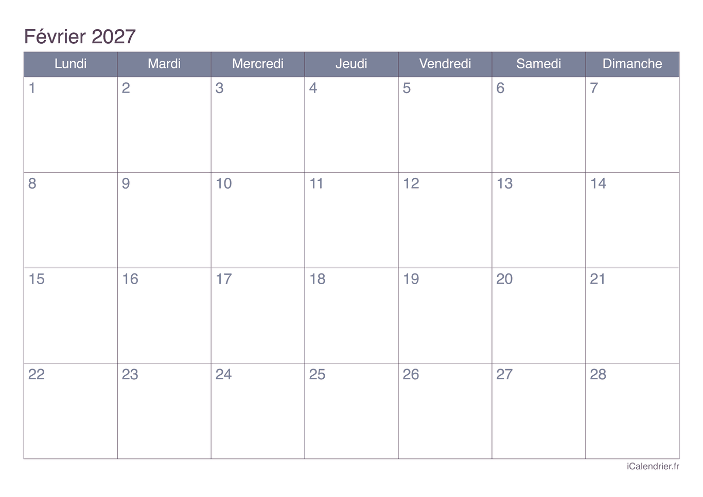 Calendrier de février 2027 - Office