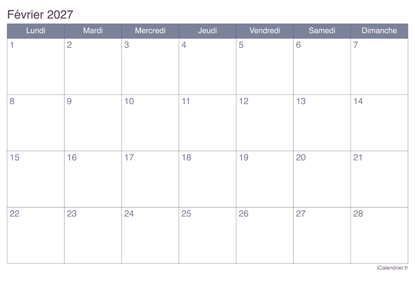 Calendrier de février 2027 - Office