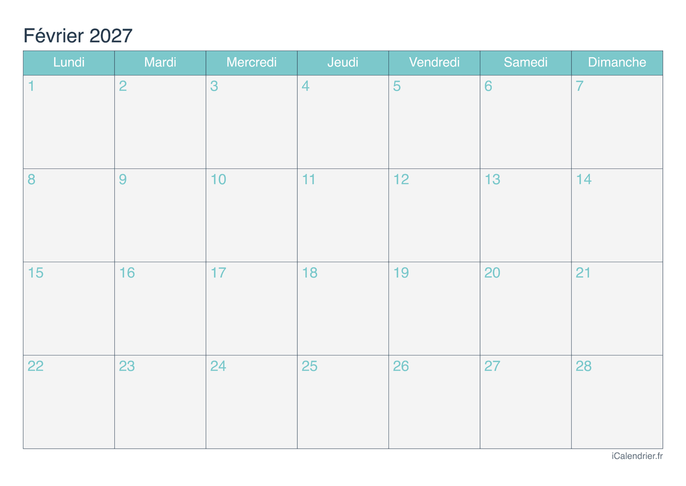Calendrier de février 2027 - Turquoise