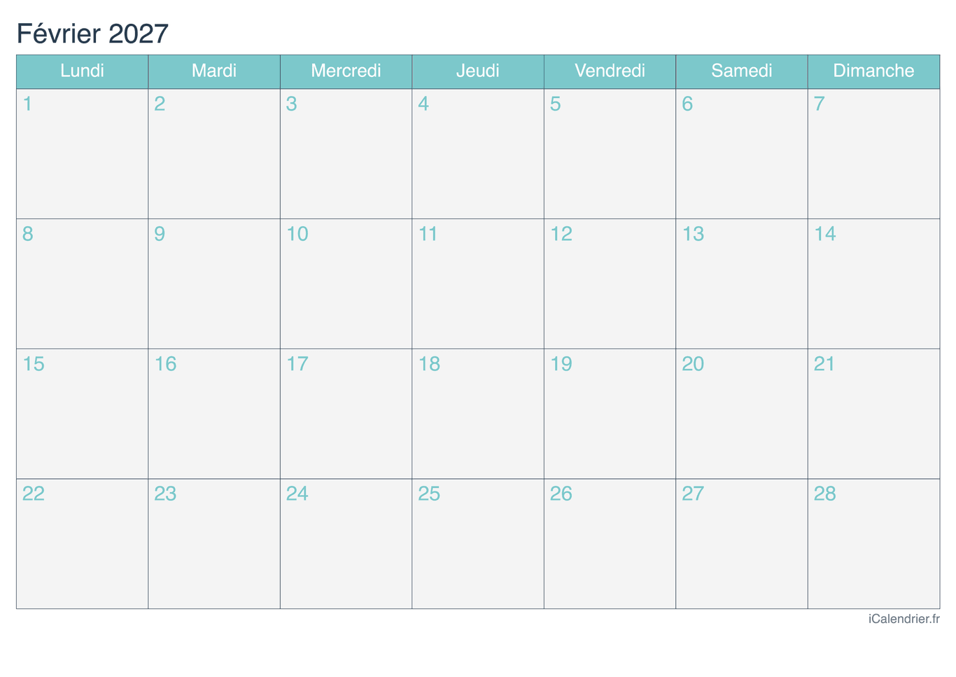 Calendrier de février 2027 - Turquoise