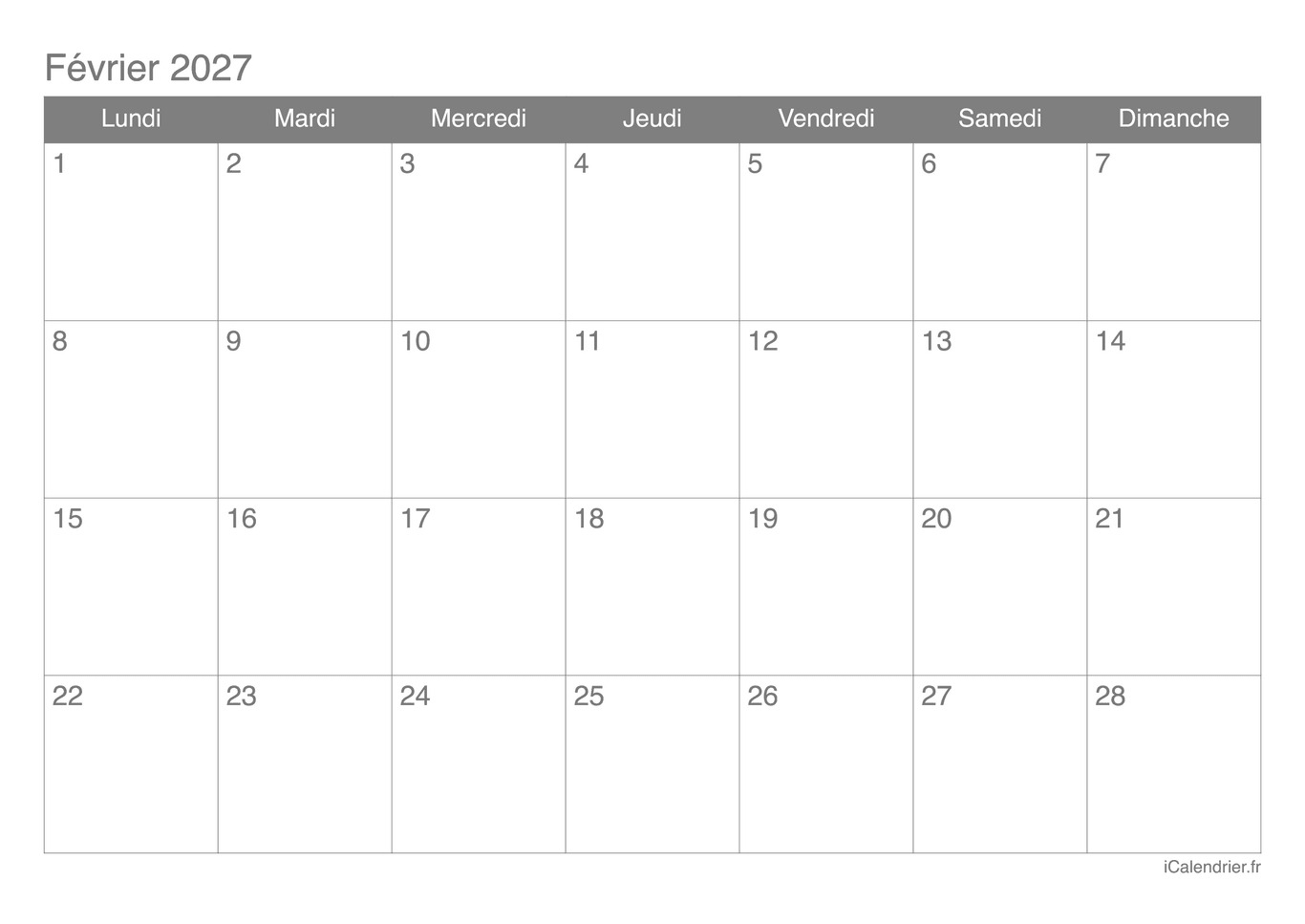 Calendrier de février 2027