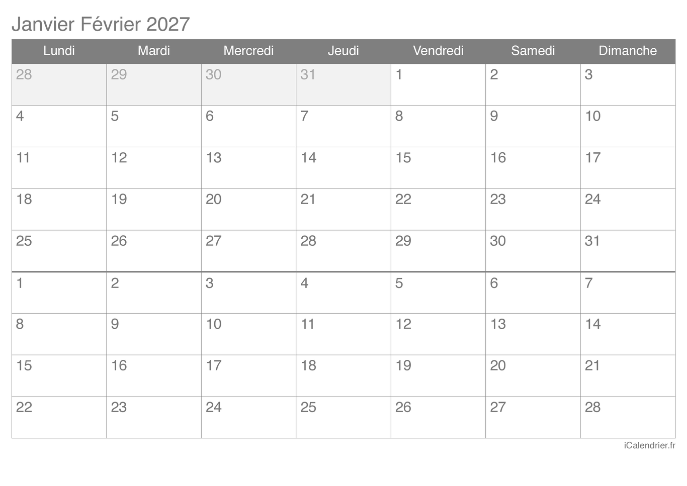 Calendrier de janvier février 2027