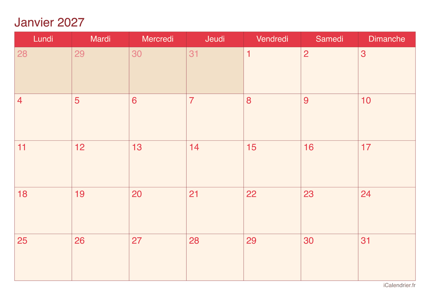 Calendrier de janvier 2027 - Cherry
