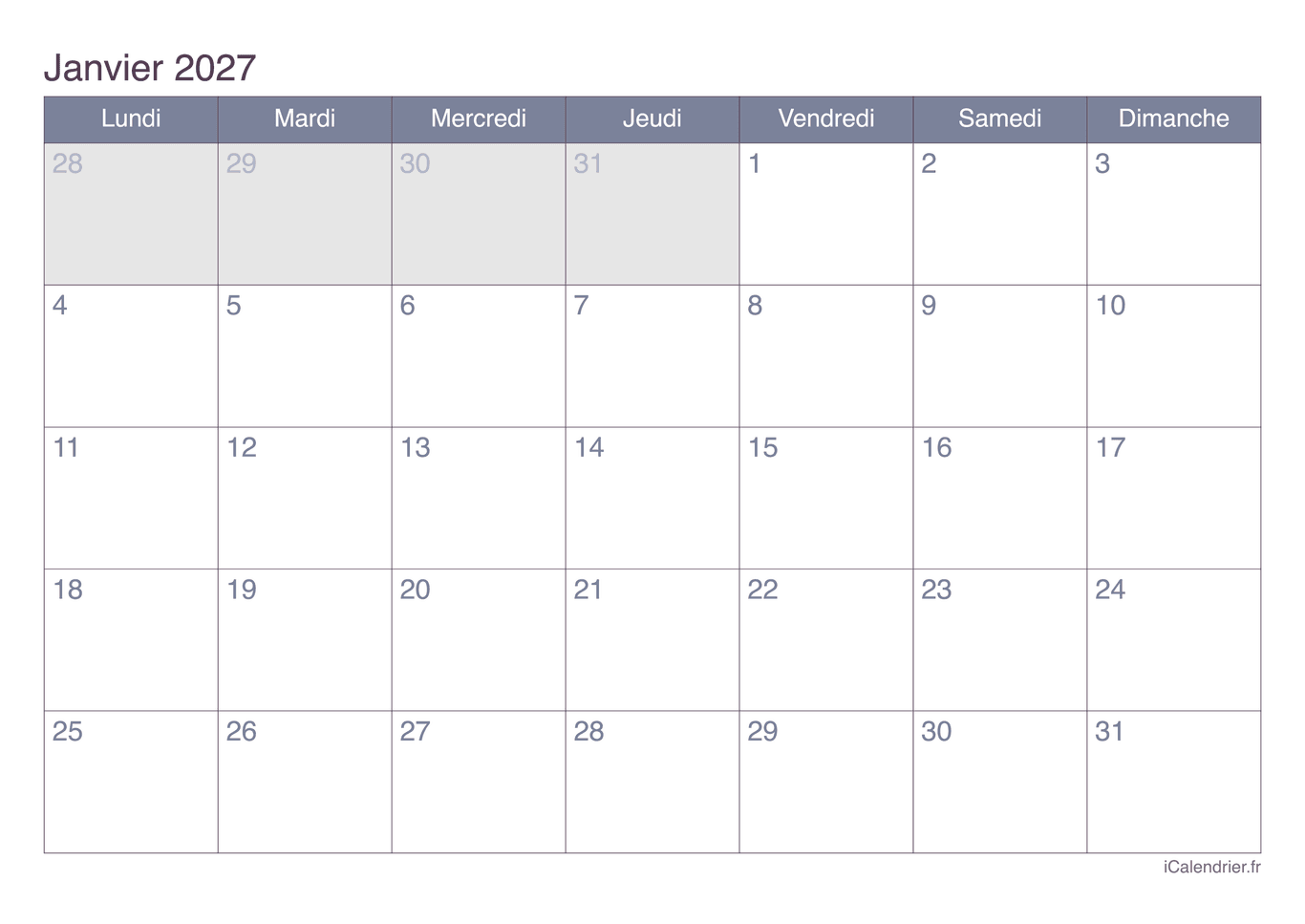 Calendrier de janvier 2027 - Office