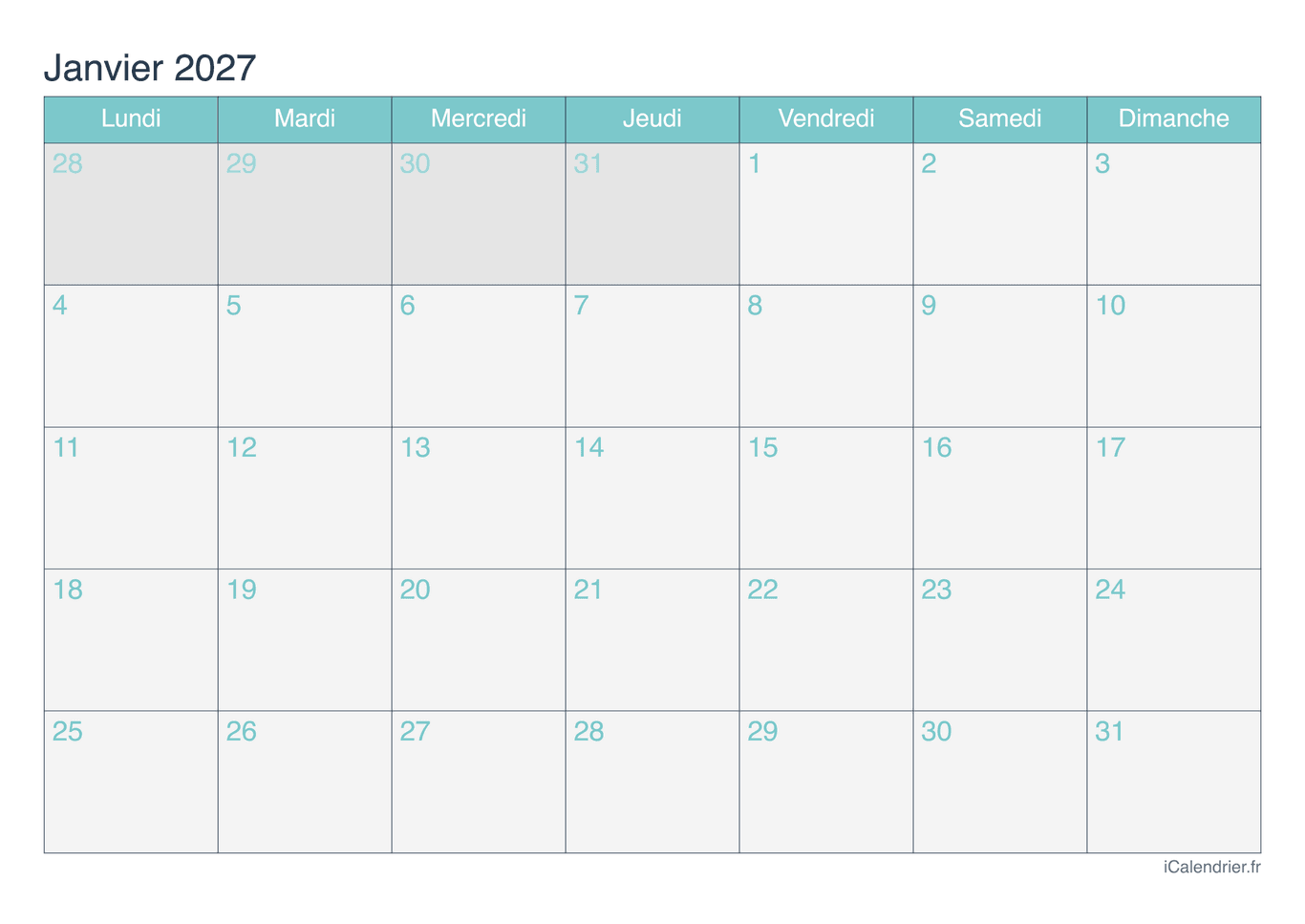 Calendrier de janvier 2027 - Turquoise