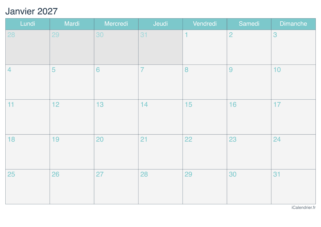 Calendrier de janvier 2027 - Turquoise