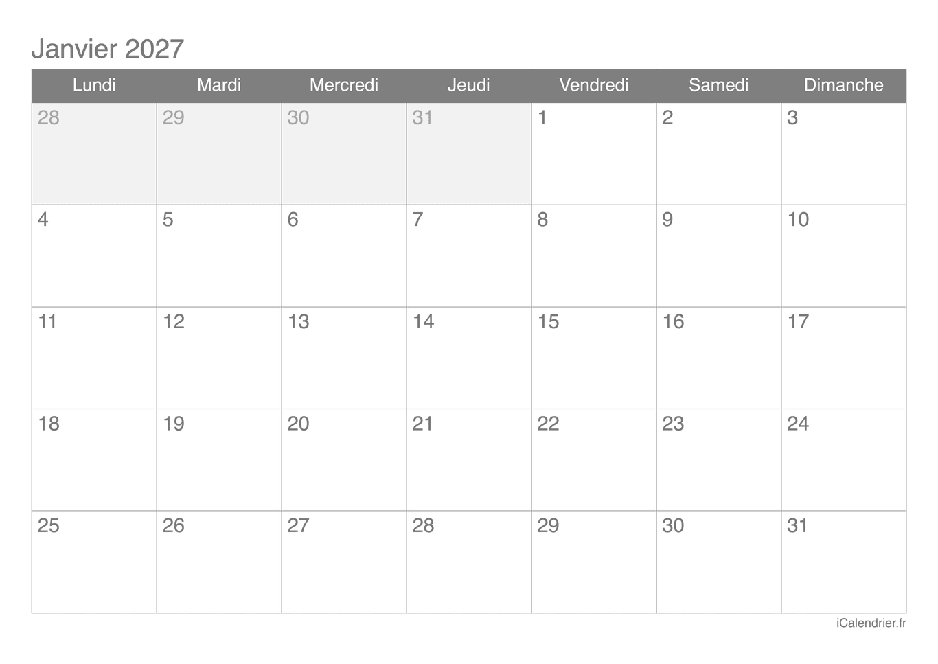 Calendrier de janvier 2027