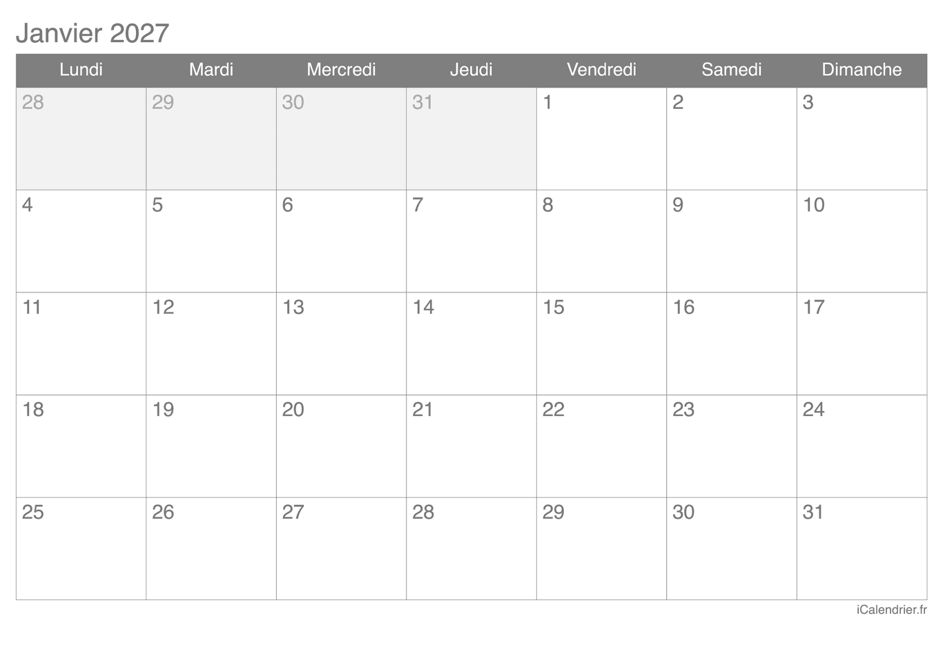 Calendrier de janvier 2027