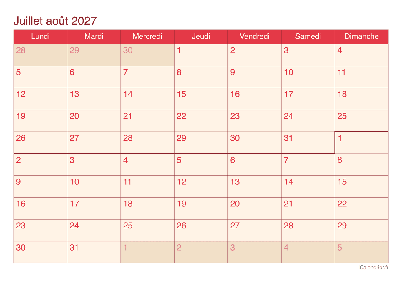 Calendrier de juillet août 2027 - Cherry
