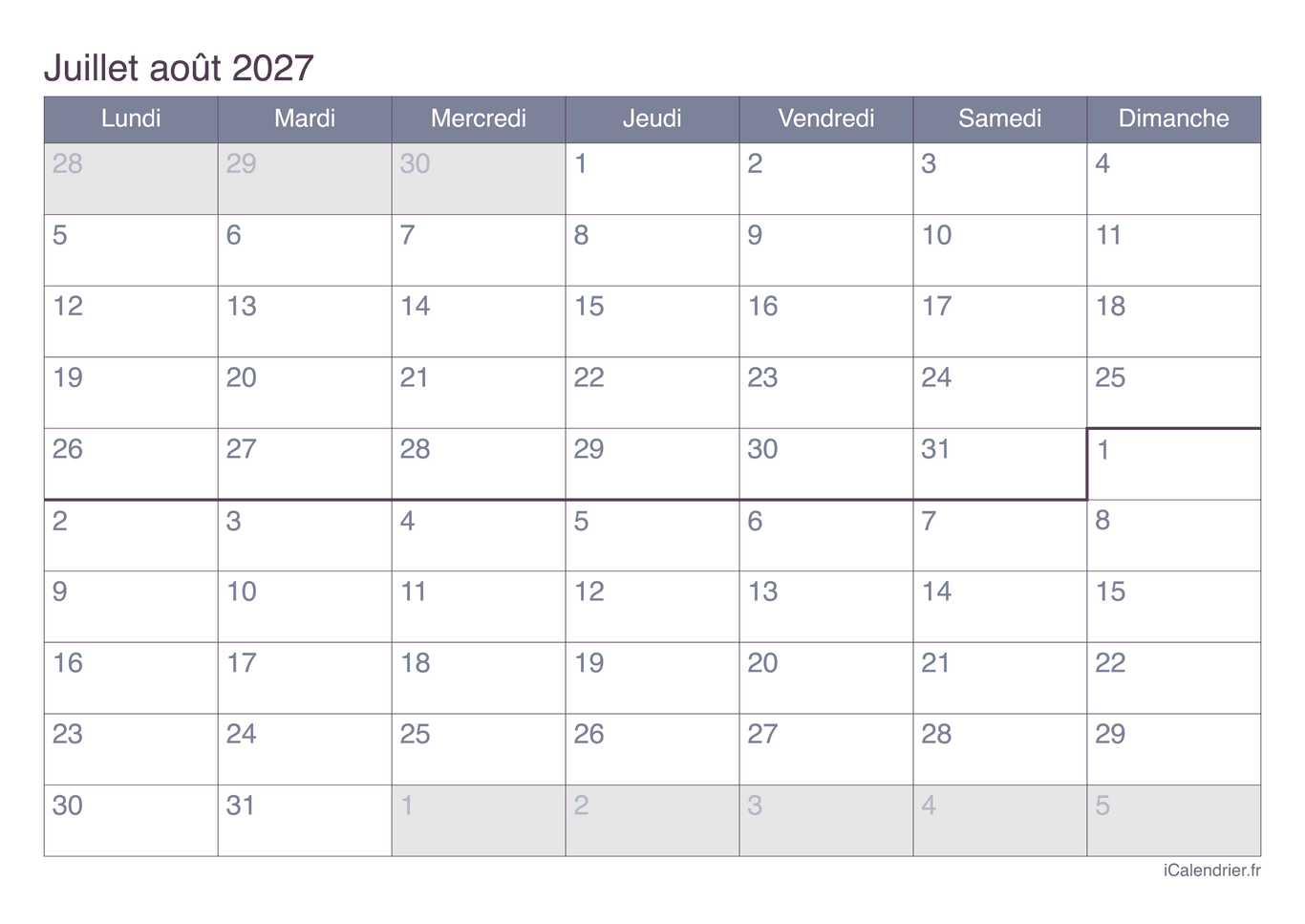 Calendrier de juillet août 2027 - Office