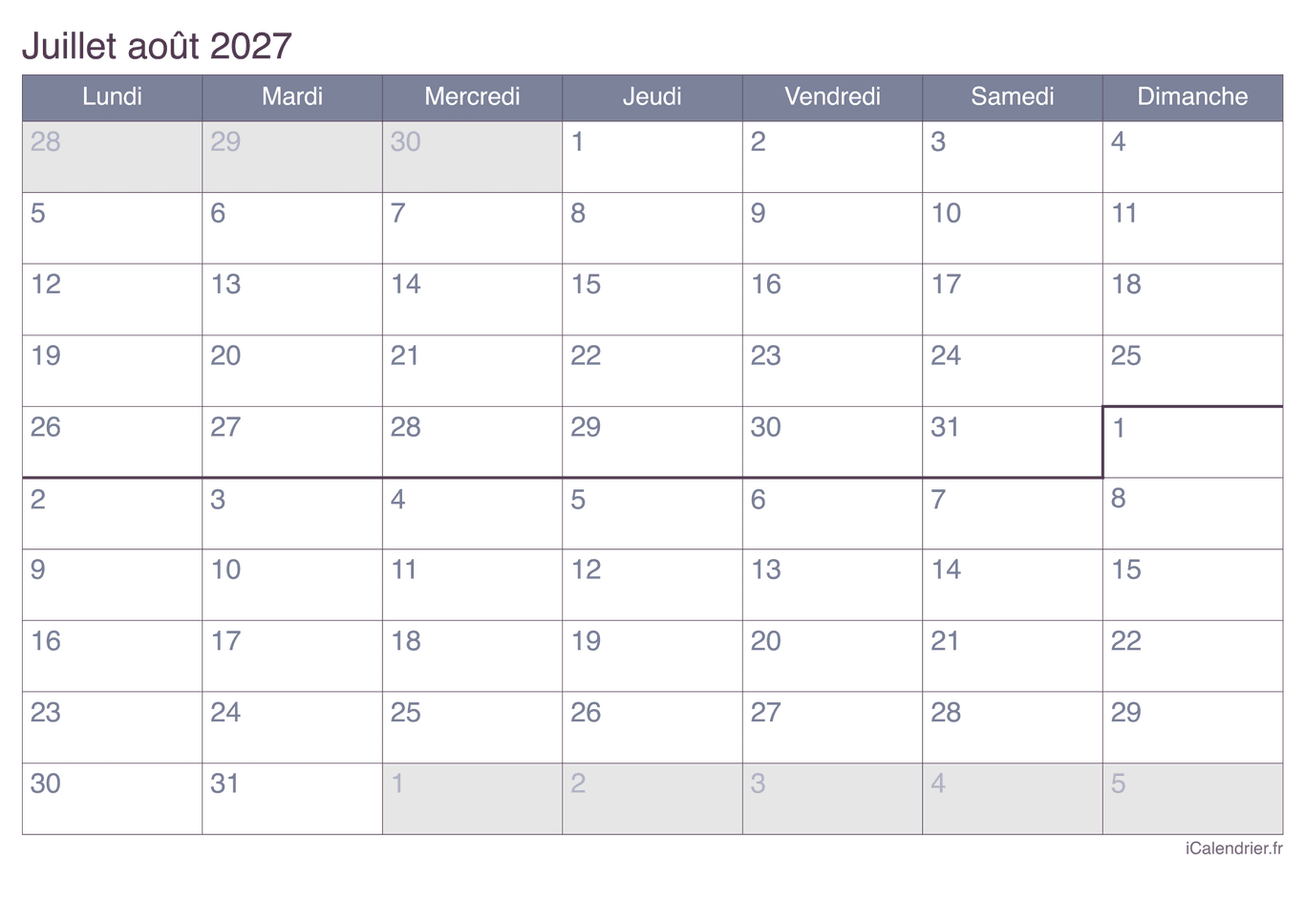 Calendrier de juillet août 2027 - Office