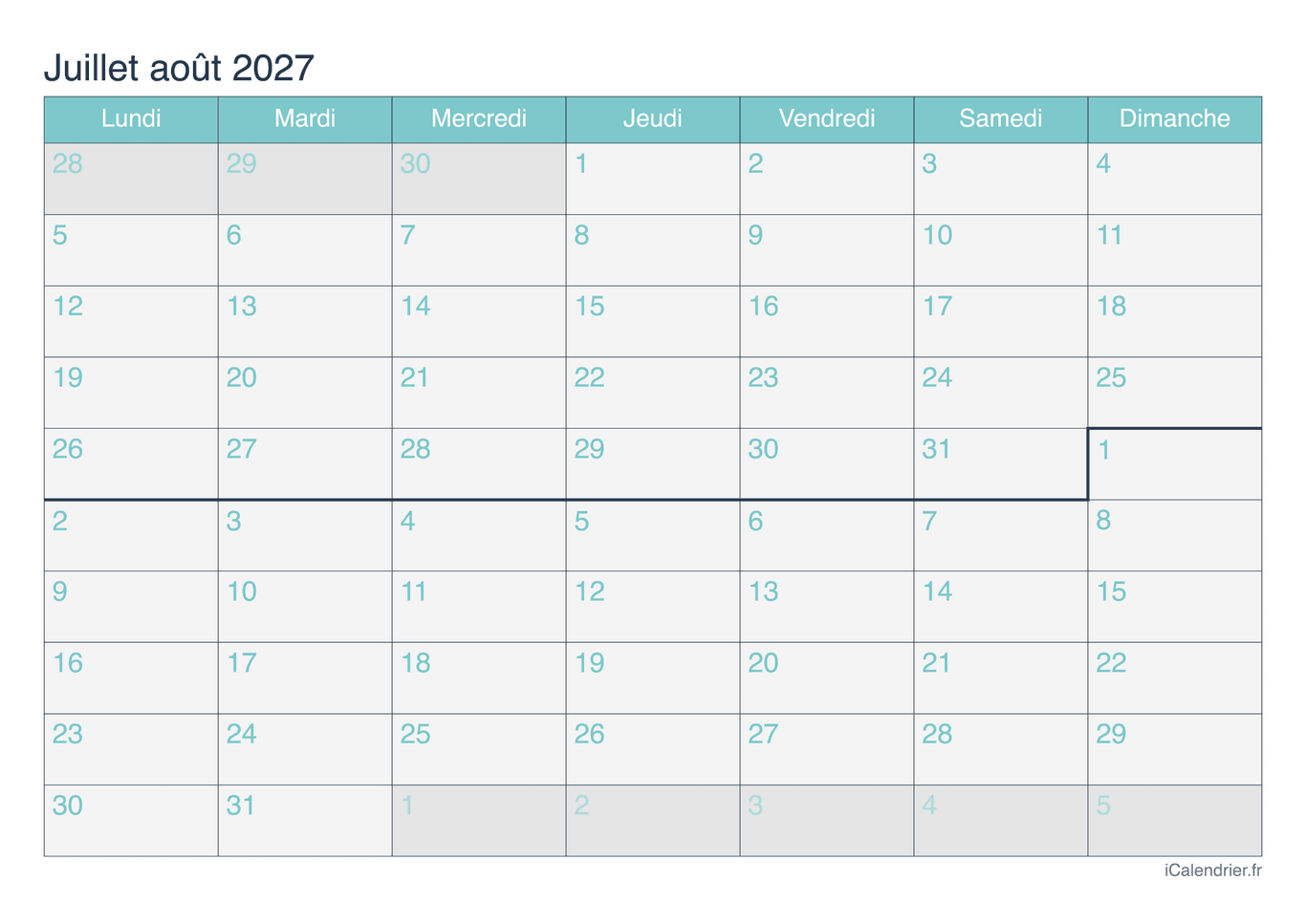 Calendrier de juillet août 2027 - Turquoise