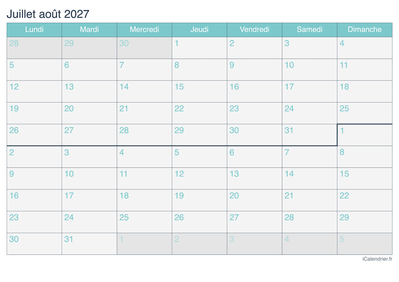 Calendrier de juillet août 2027 - Turquoise